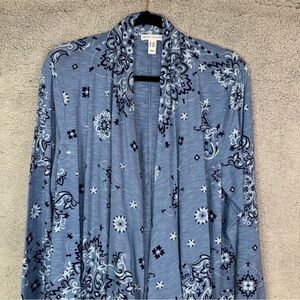 Canyon‎ Retreat Paisley Print Open Front Hi-Low Blue Long Sleeve Cardigan